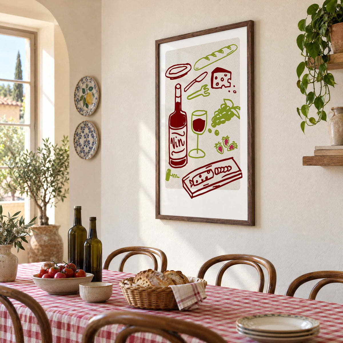 Vin wine picnic doodle print in a walnut frame above a gingham-covered trattoria table, seen at an angle