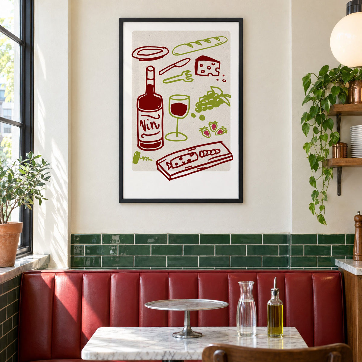 Vin wine picnic doodle print in a black frame above a red leather booth in a sunny pizzeria