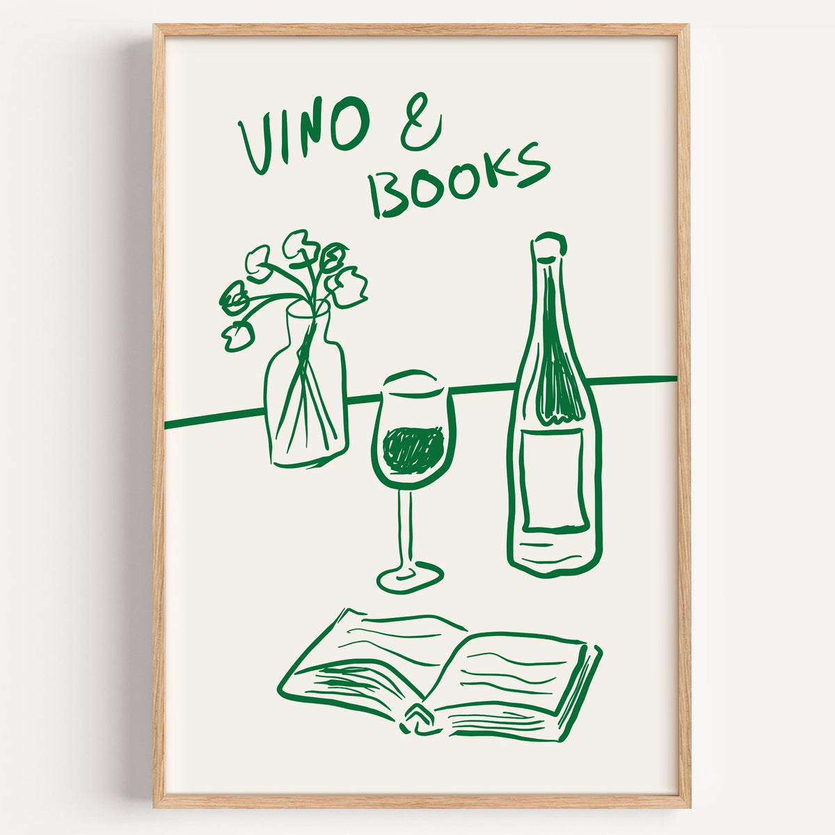 Vino and books green line print in a light oak frame on a plain white wall
