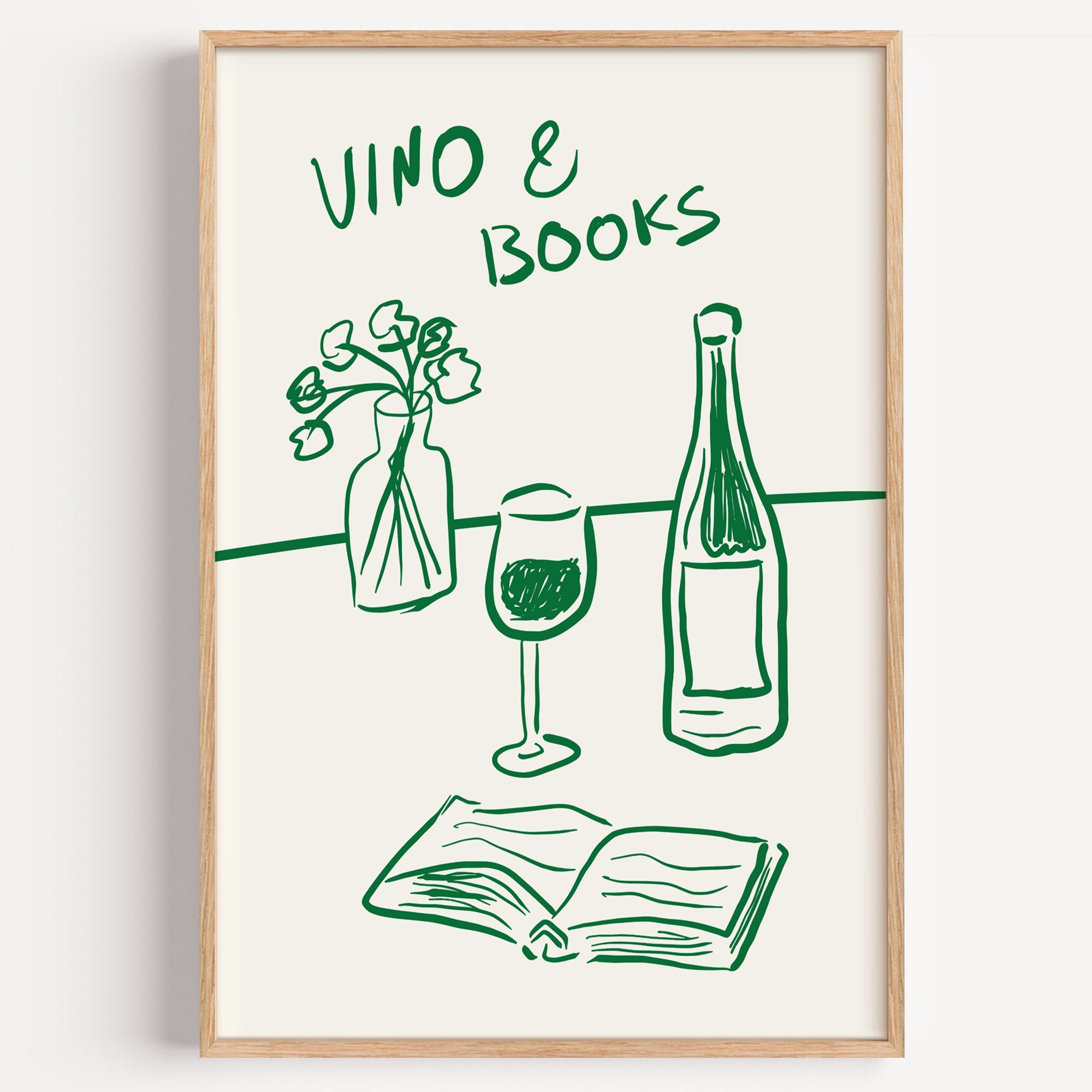 Vino and books green line print in a light oak frame on a plain white wall