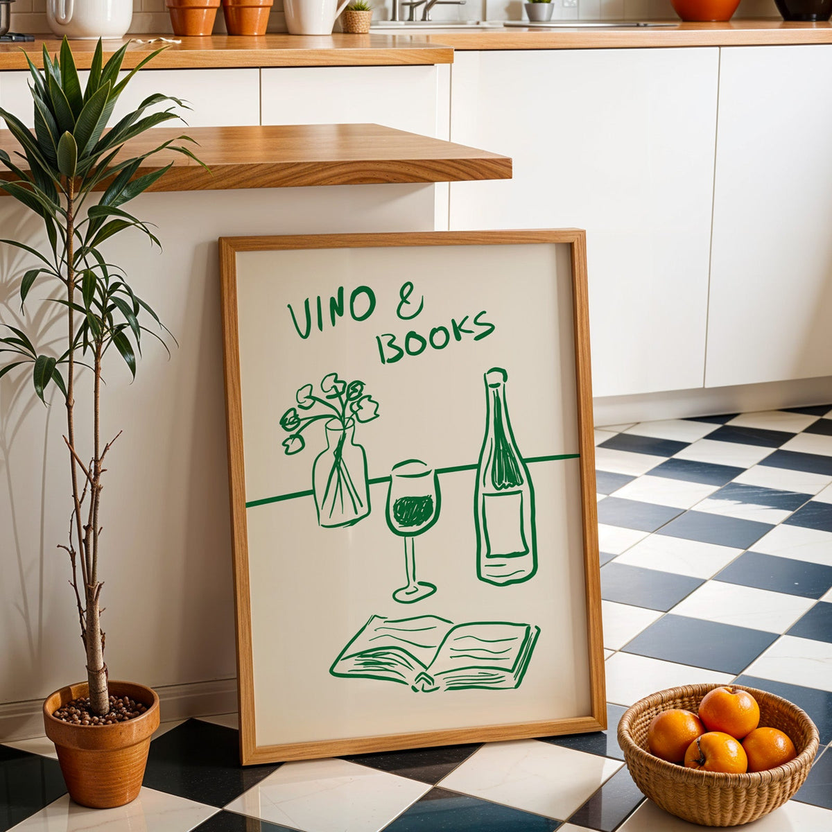 Vino and books green line print in an oak frame by a kitchen island