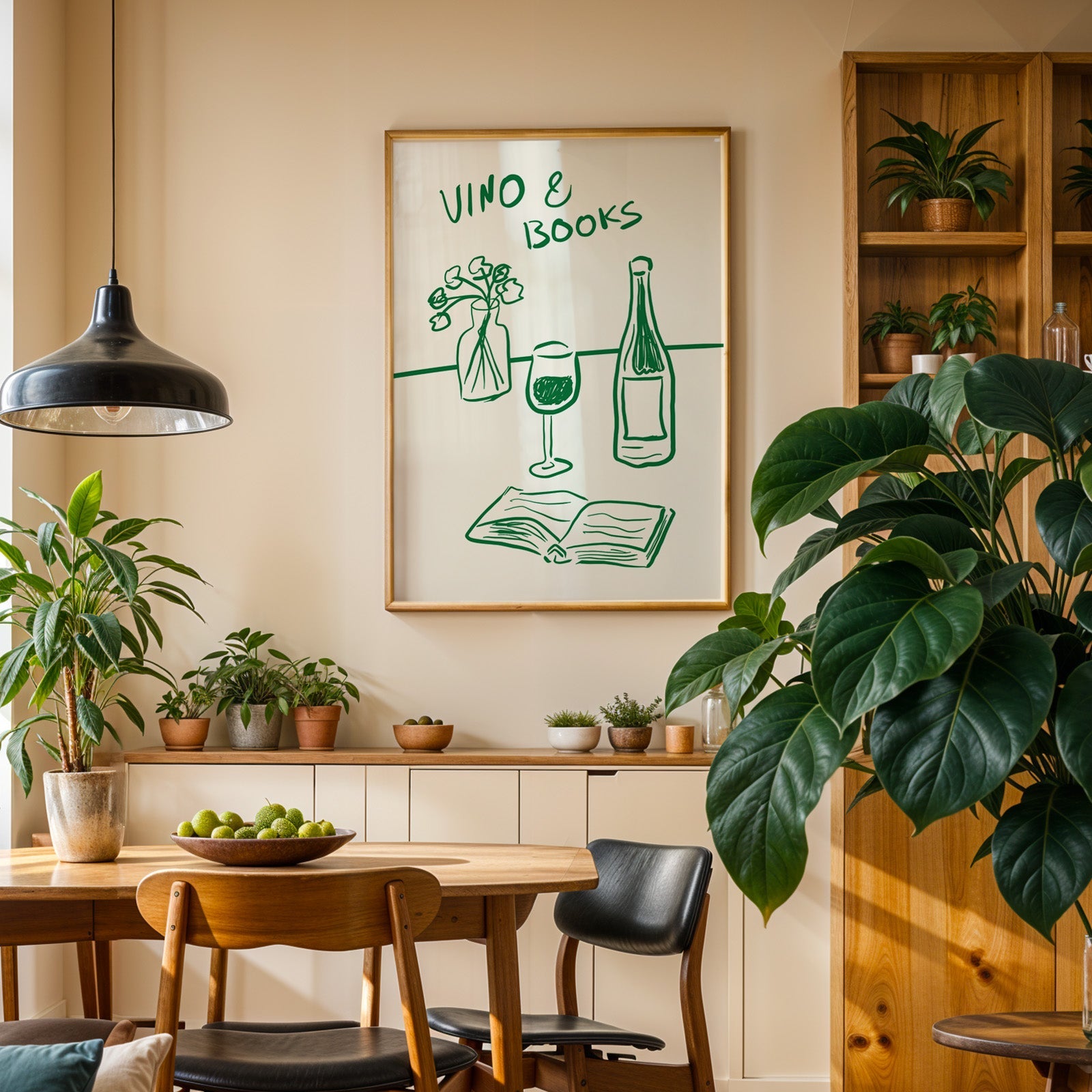 Vino and books green line print in an oak frame above a sideboard in a dining room