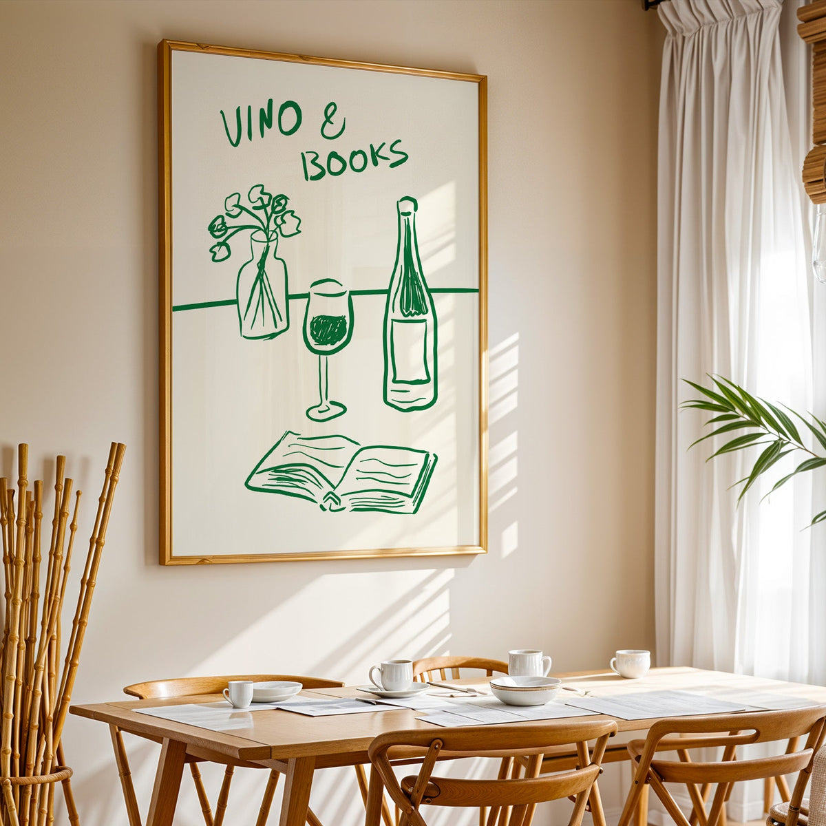 Vino and books green line print in a gold frame above a sunlit breakfast table