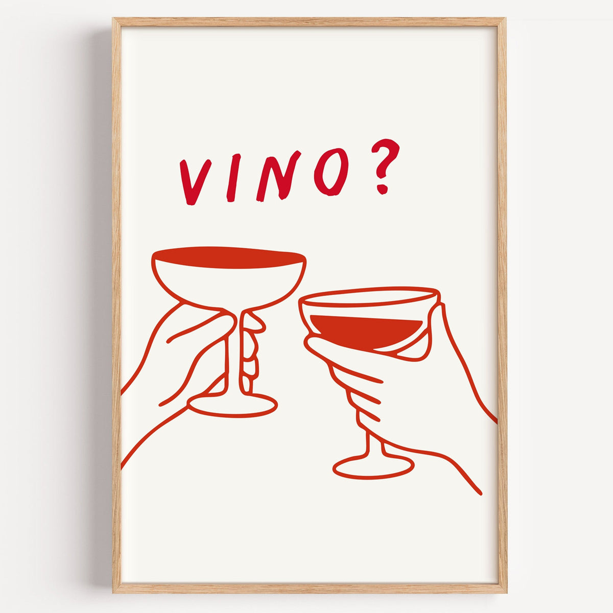 Vino red line toasting print in a light oak frame on a plain white wall