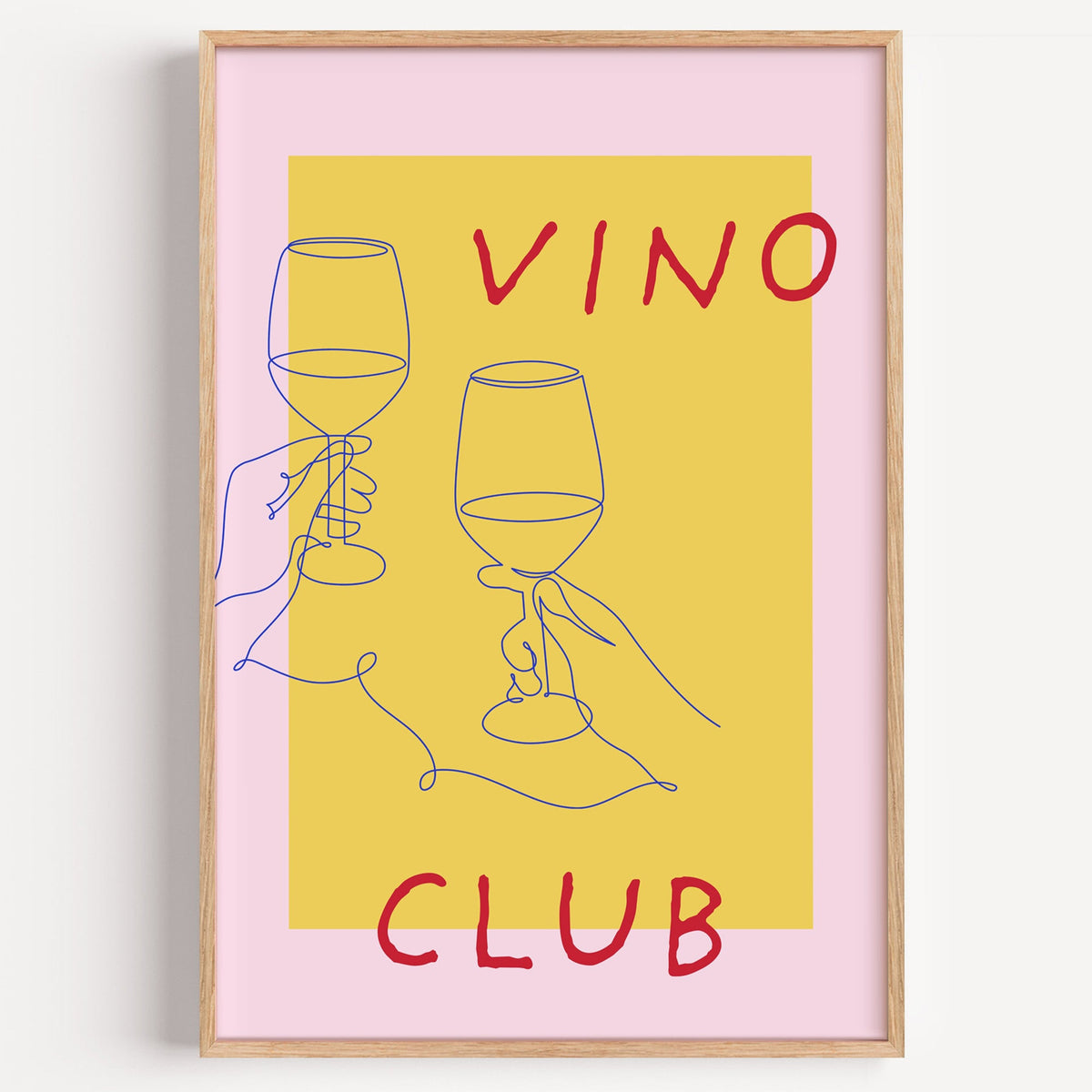 Vino Club yellow pink line print in a light oak frame on a plain white wall