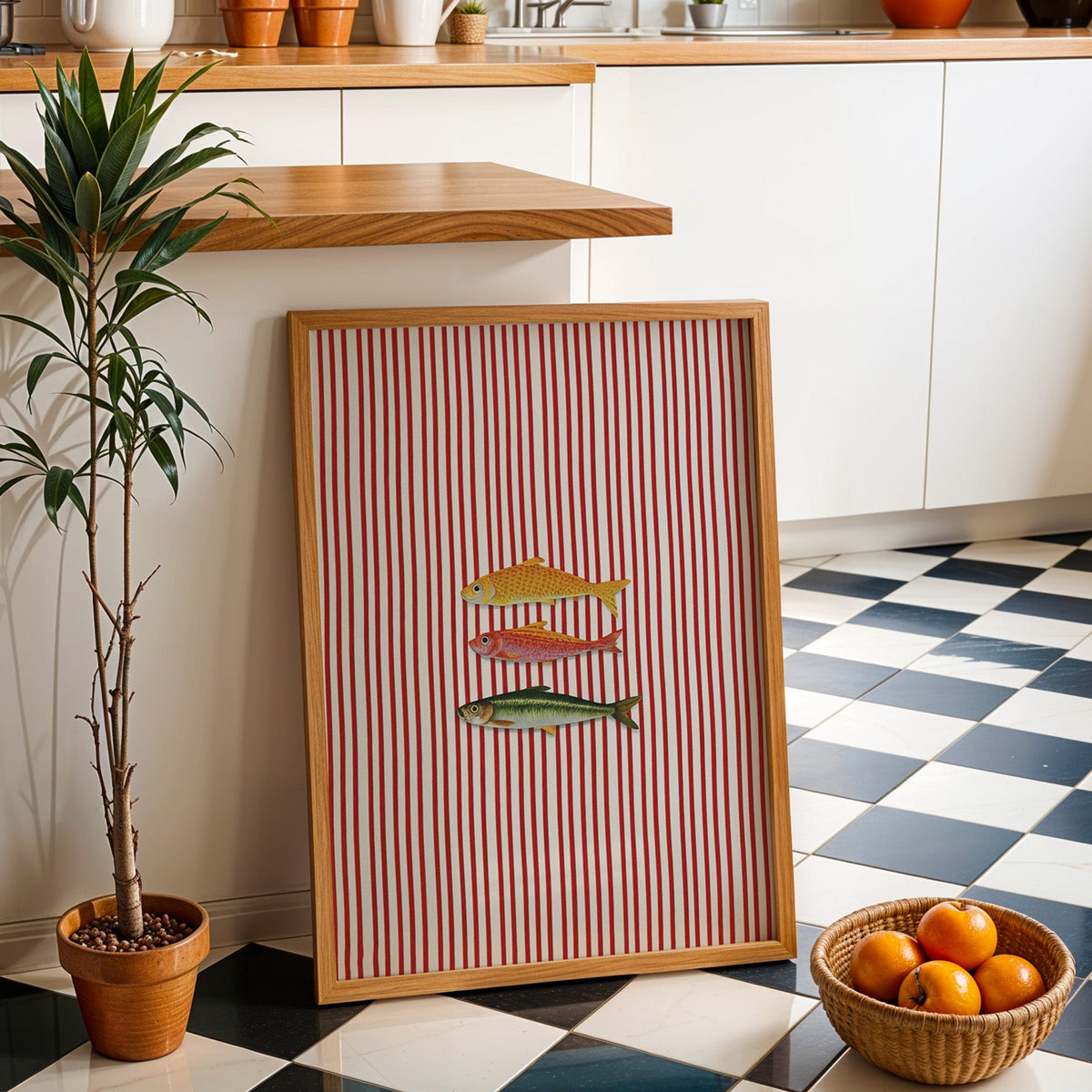 Vintage fish red stripe print in an oak frame by a kitchen island