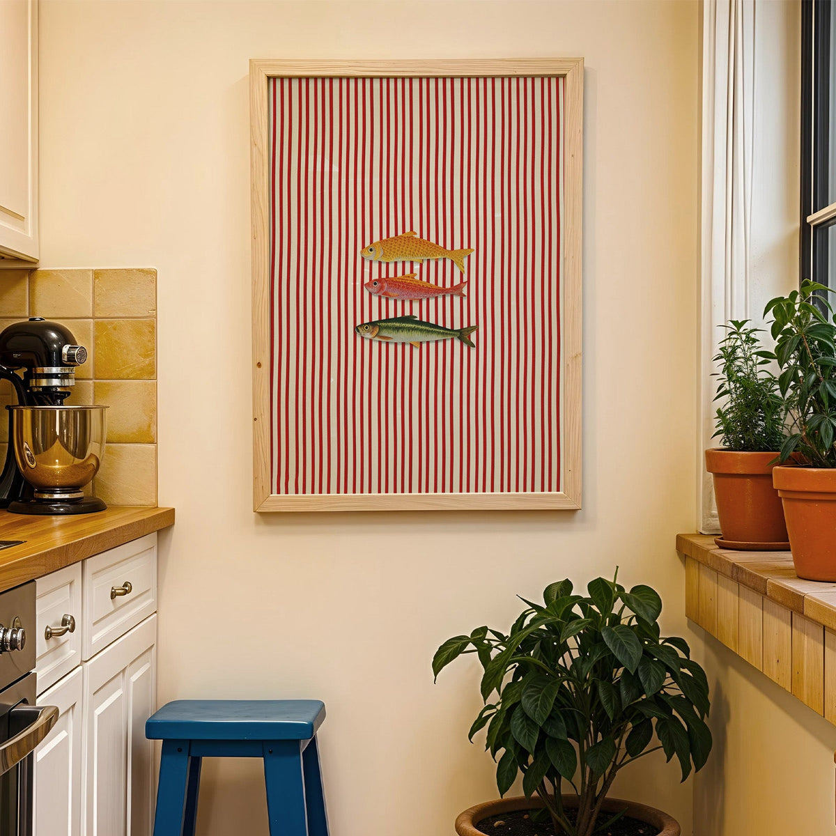 Vintage fish red stripe print in a wood frame on a yellow tiled kitchen wall
