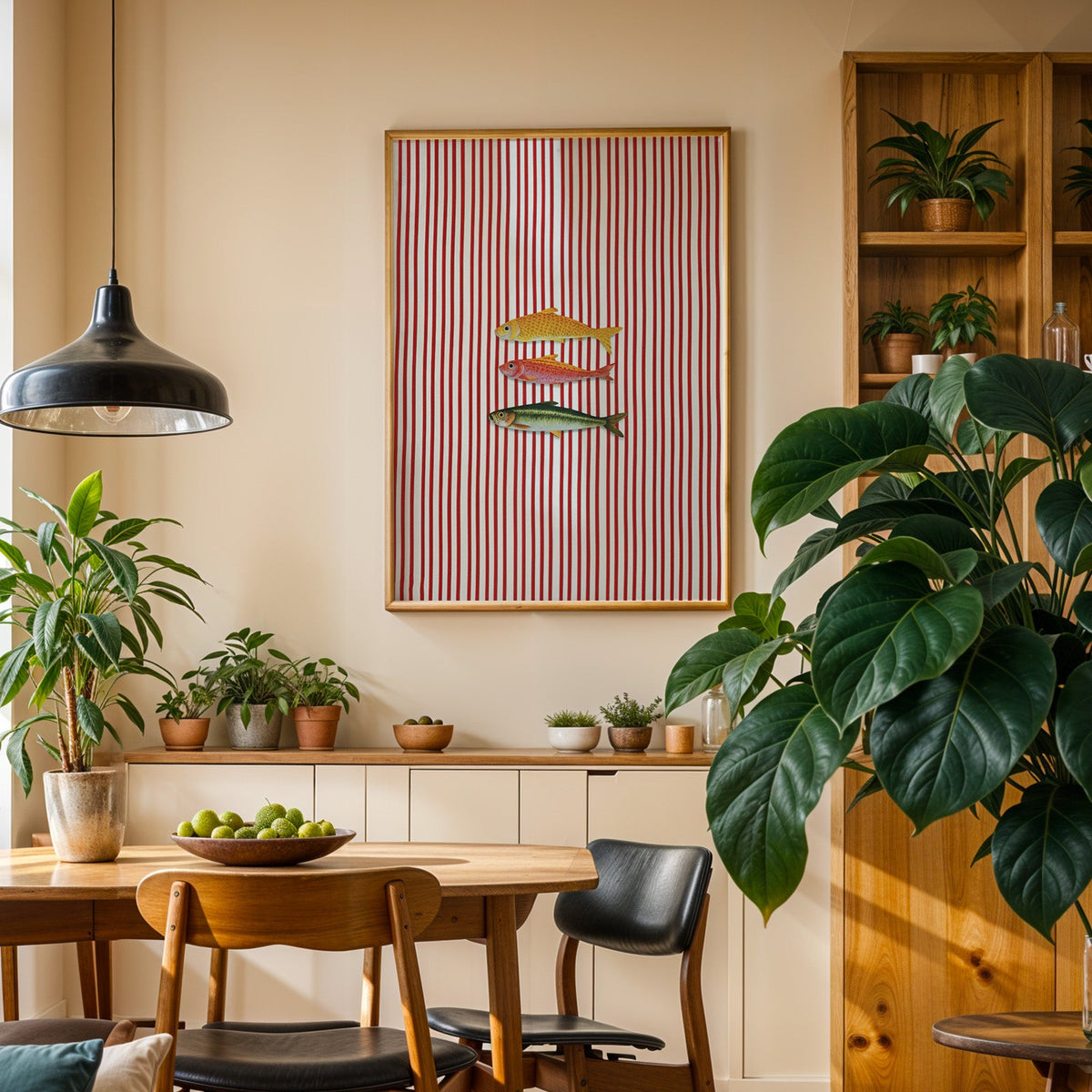 Vintage fish red stripe print in an oak frame above a sideboard in a dining room
