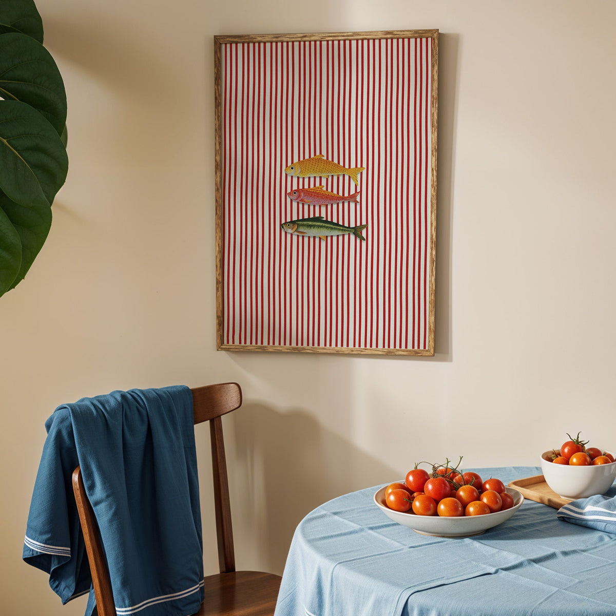 Vintage fish red stripe print in an oak frame above a blue linen table