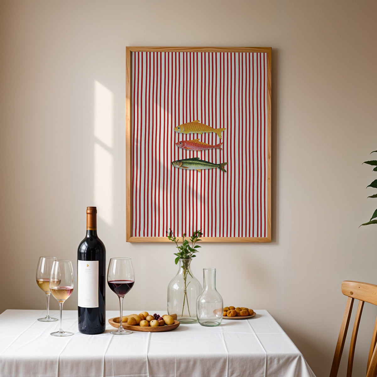 Vintage fish red stripe print in an oak frame above a table laid with red wine
