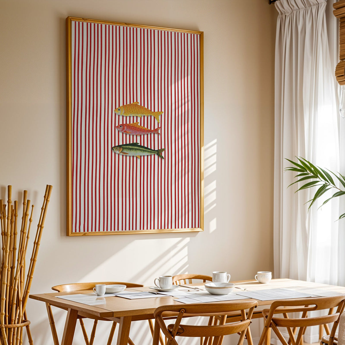 Vintage fish red stripe print in a gold frame above a sunlit breakfast table