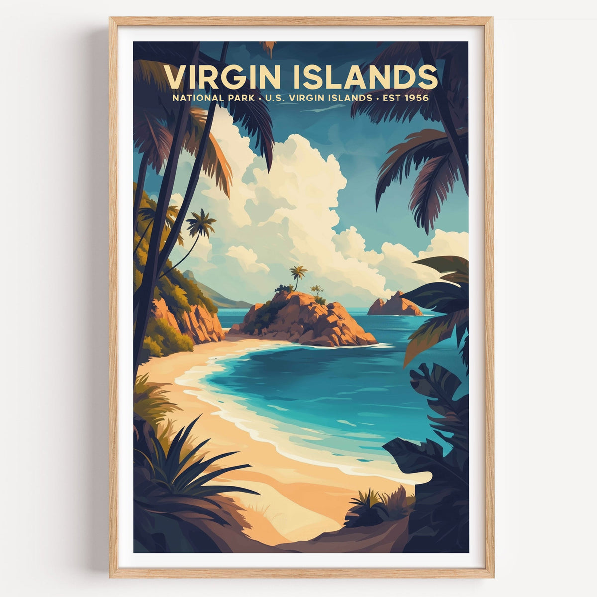 Virgin Islands National Park illustrated print: a palm-framed cove, in an oak frame