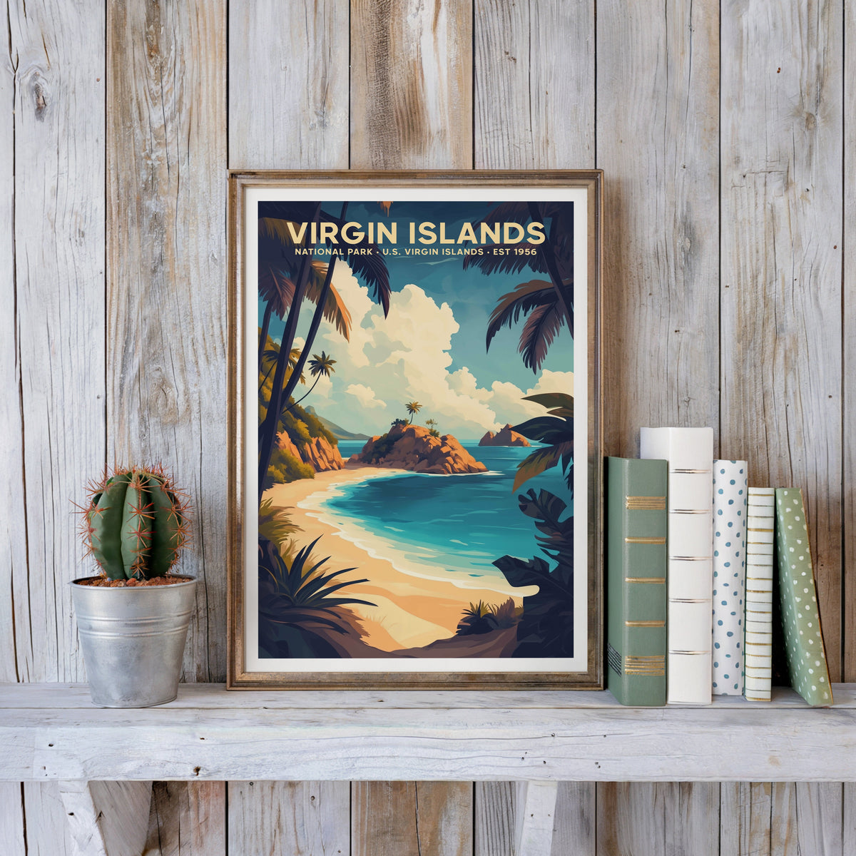 Virgin Islands poster in an antique gold frame against whitewashed planks beside books and a cactus