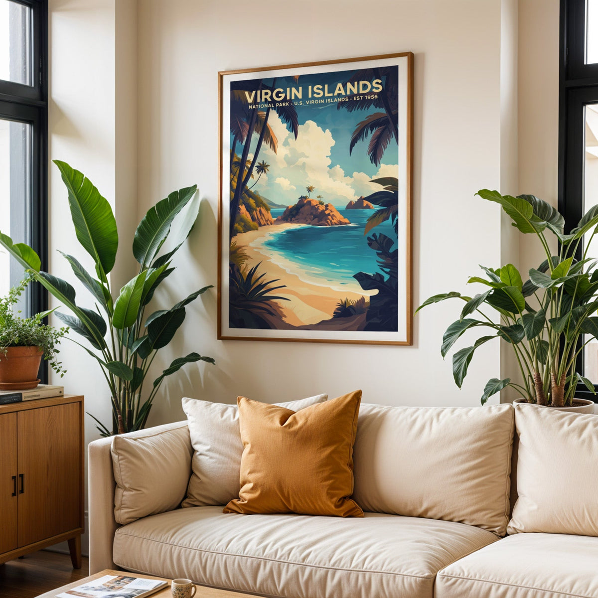 Virgin Islands National Park print in an oak frame above a cream living room sofa with an ochre cushion