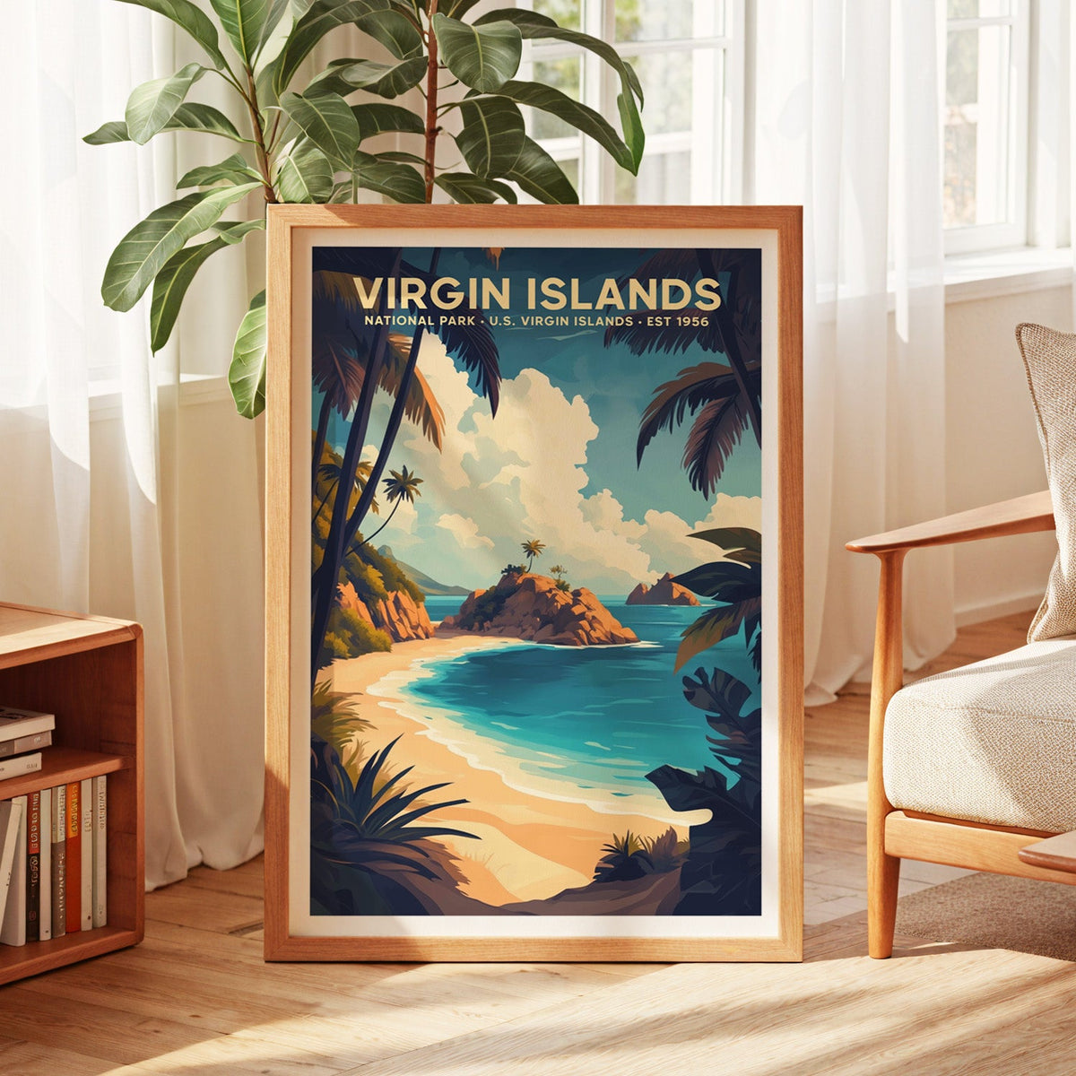 Virgin Islands National Park print in an oak frame by a sunlit window with sheer curtains and a fig plant
