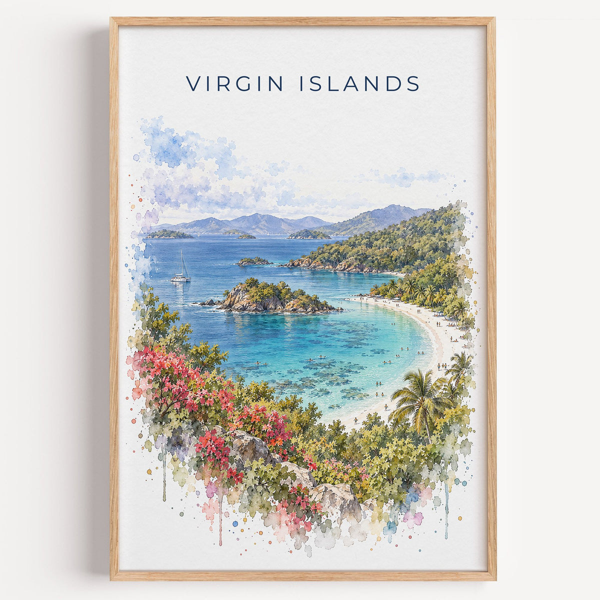Virgin Islands National Park watercolor print in a light oak frame on a plain white wall