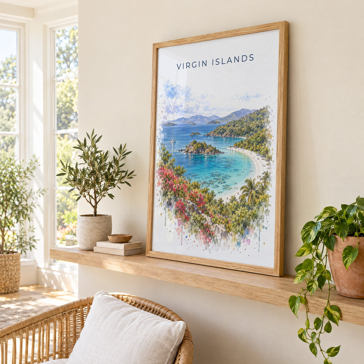 Virgin Islands National Park watercolor print in an oak frame on a picture ledge in a sunlit sunroom