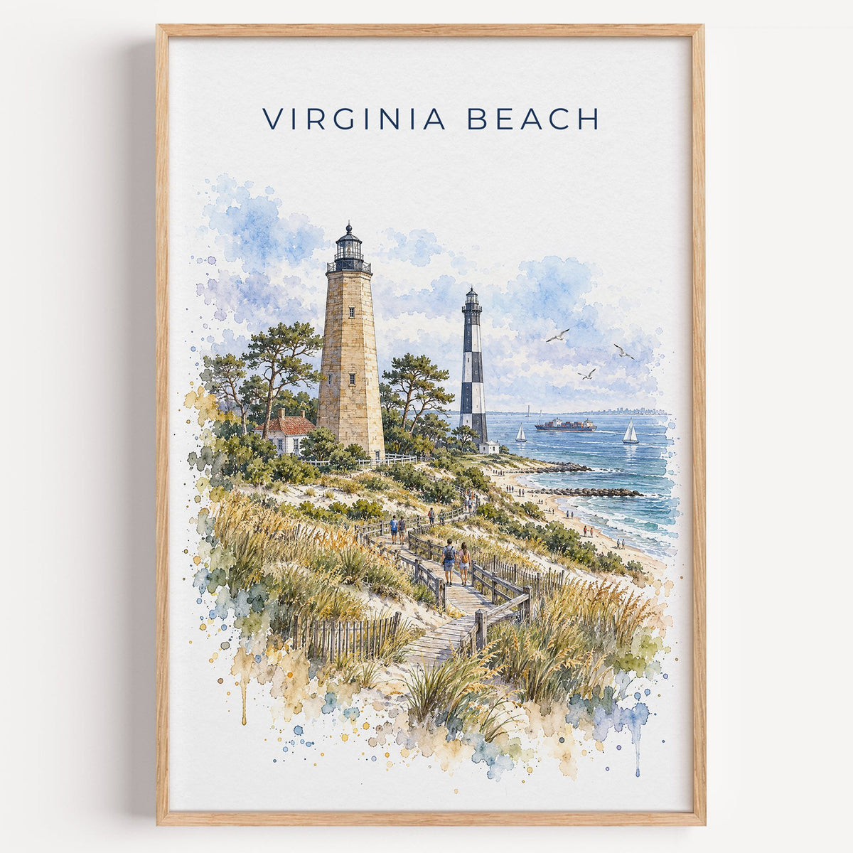 Virginia Beach watercolor print in a light oak frame on a plain white wall