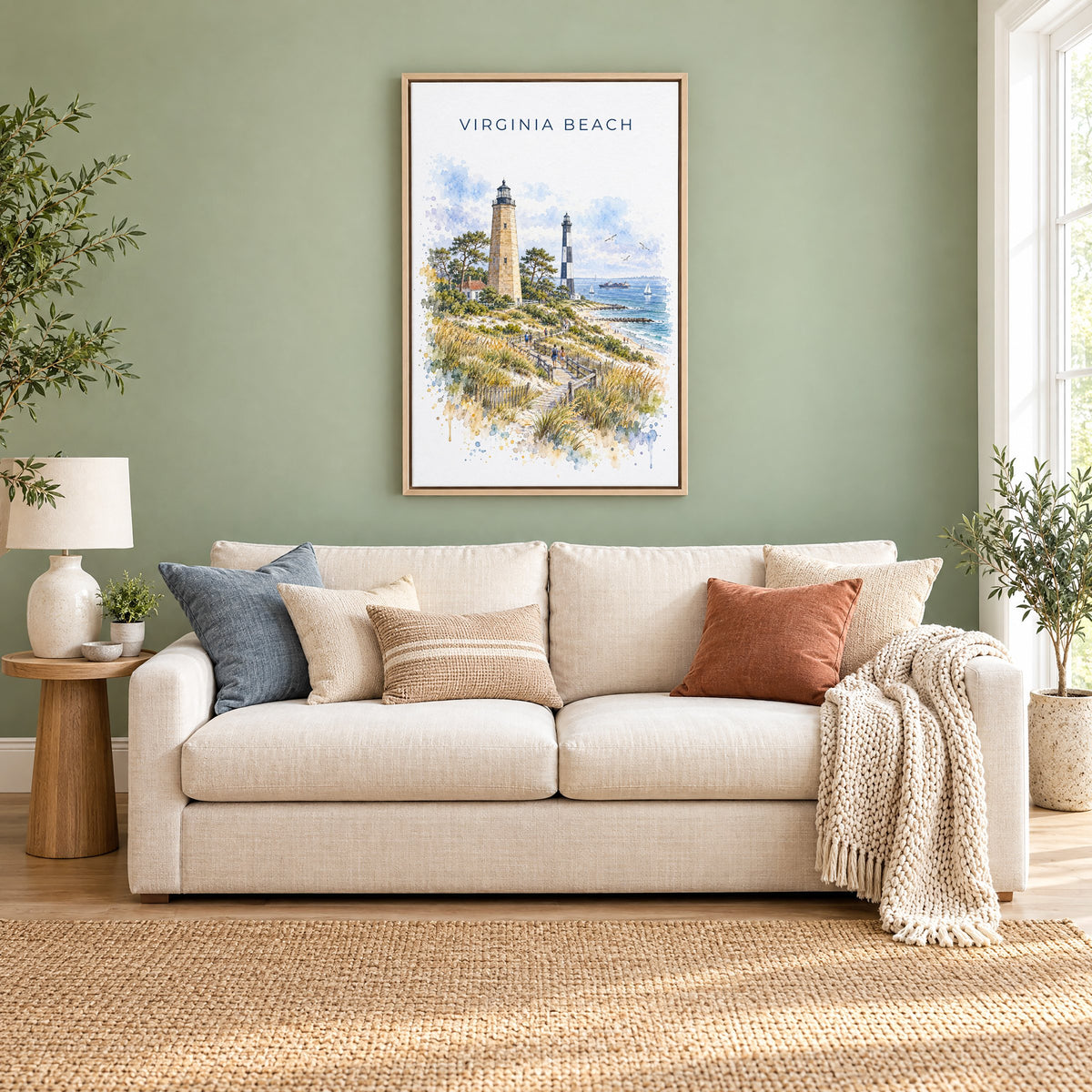 Virginia Beach watercolor print as a natural floater canvas above a cream linen sofa on a sage green wall