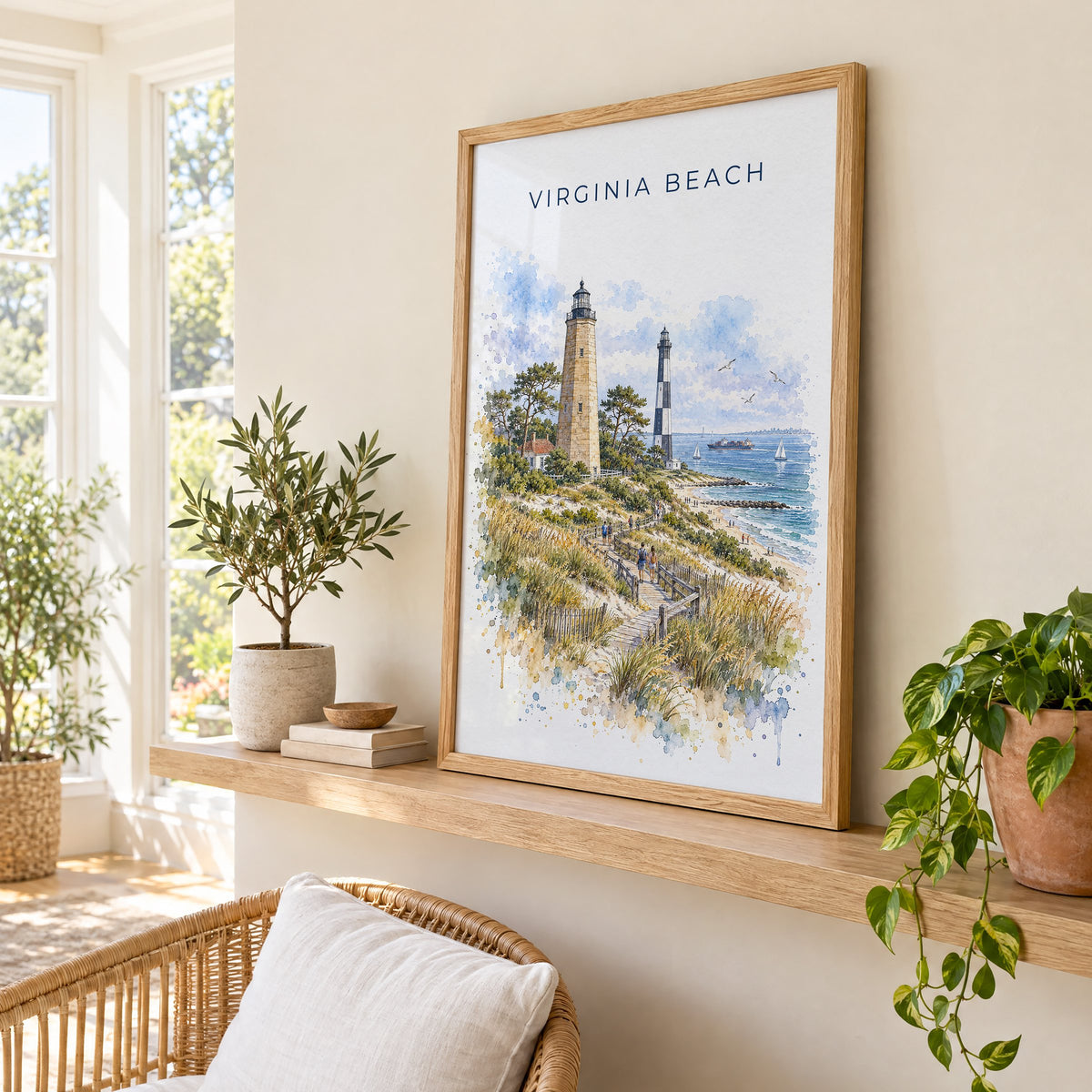 Virginia Beach watercolor print in an oak frame on a picture ledge in a sunlit sunroom