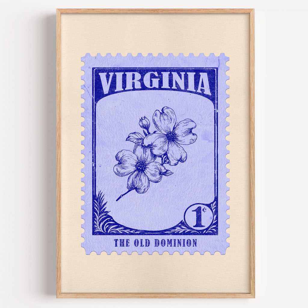 Virginia state flower stamp print in blue violet on periwinkle, light oak frame on a plain white wall