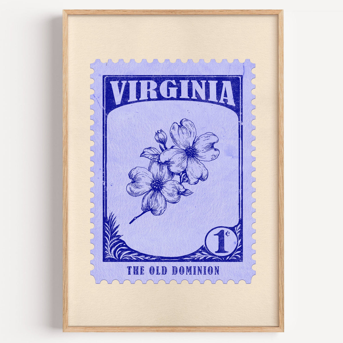 Virginia state flower stamp print in blue violet on periwinkle, light oak frame on a plain white wall