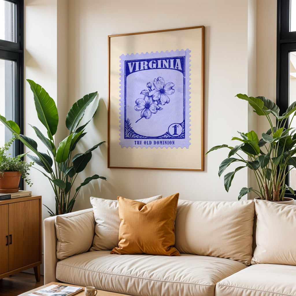 Virginia state flower print framed above a cream sofa with an ochre cushion and large plants either side