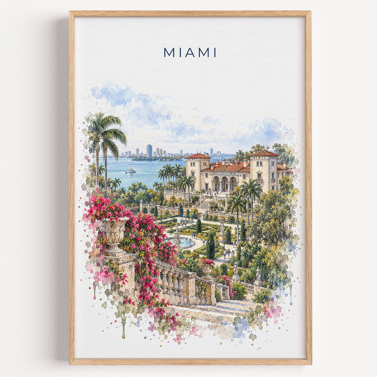 Vizcaya Miami watercolor print in a light oak frame on a plain white wall