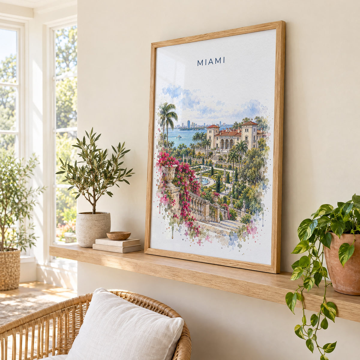 Vizcaya Miami watercolor print in an oak frame on a picture ledge in a sunlit sunroom