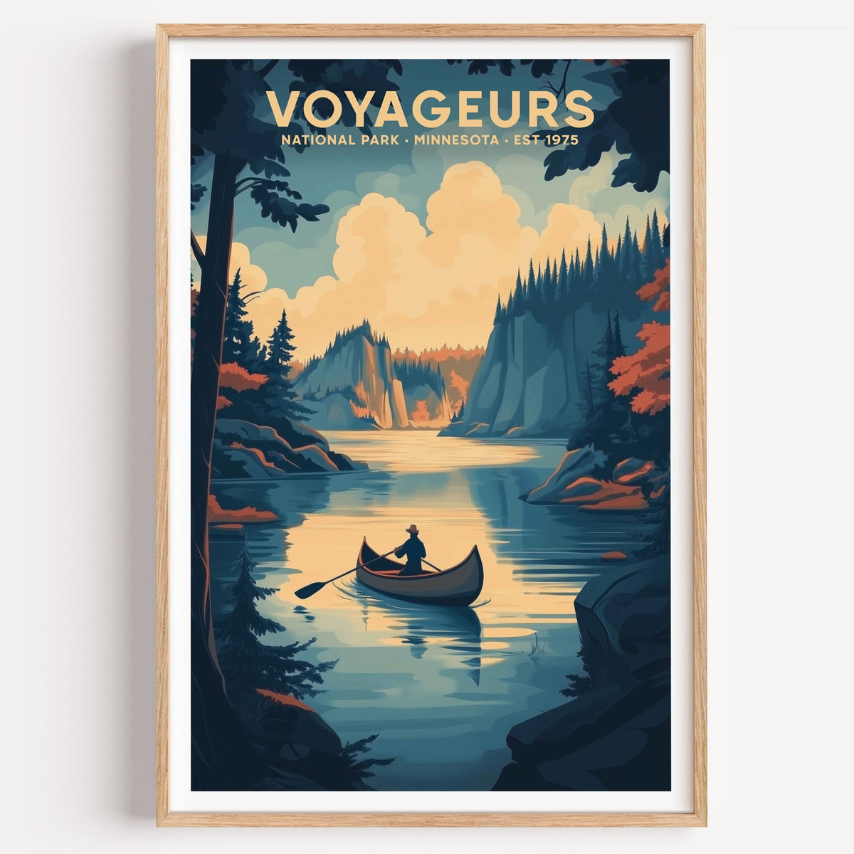 Voyageurs National Park illustrated print: a canoe on a gold-lit channel, in an oak frame