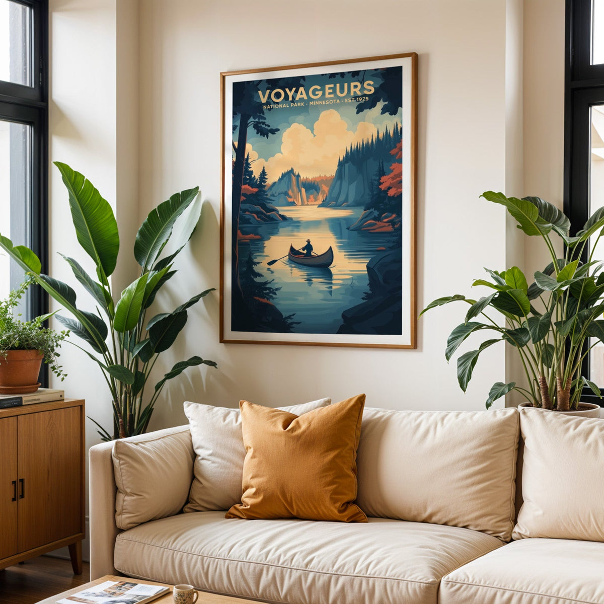 Voyageurs National Park print in an oak frame above a cream living room sofa with an ochre cushion