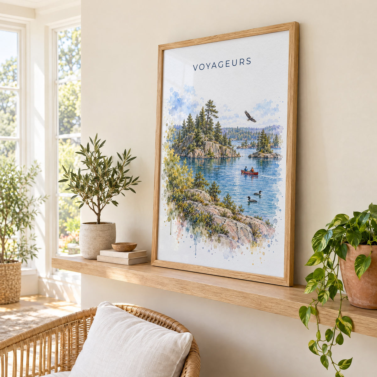 Voyageurs National Park watercolor print in an oak frame on a picture ledge in a sunlit sunroom