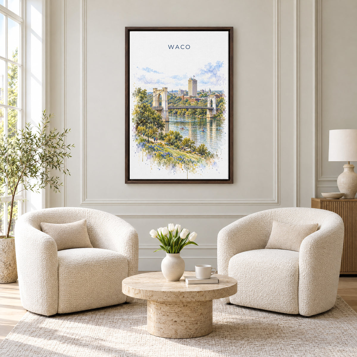 Waco watercolor print as an espresso floater canvas above two boucle armchairs in a hotel lounge