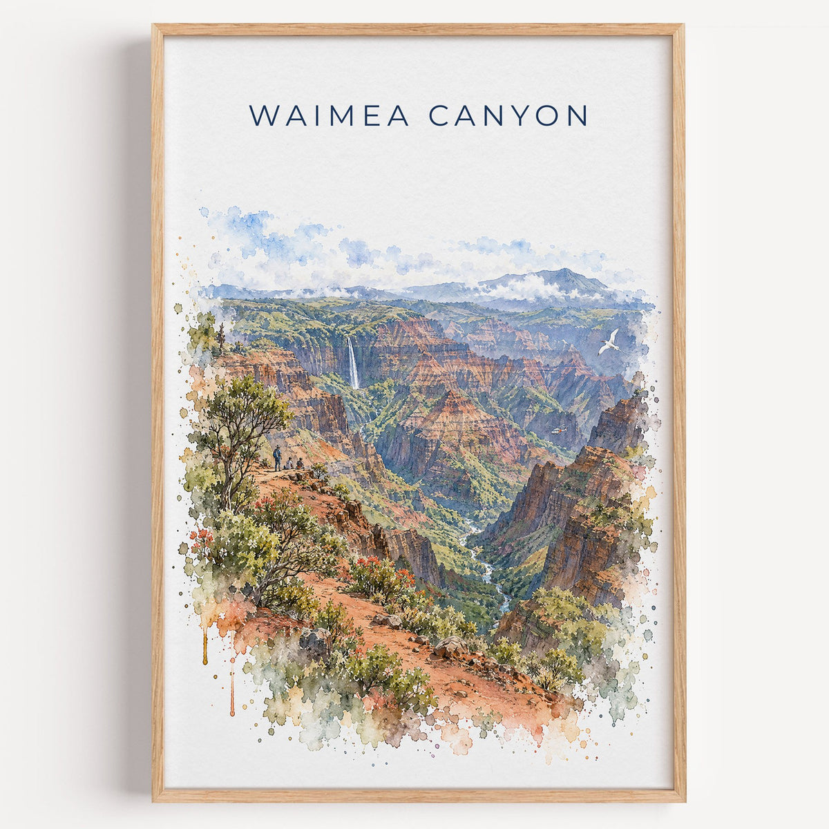 Waimea Canyon watercolor print in a light oak frame on a plain white wall
