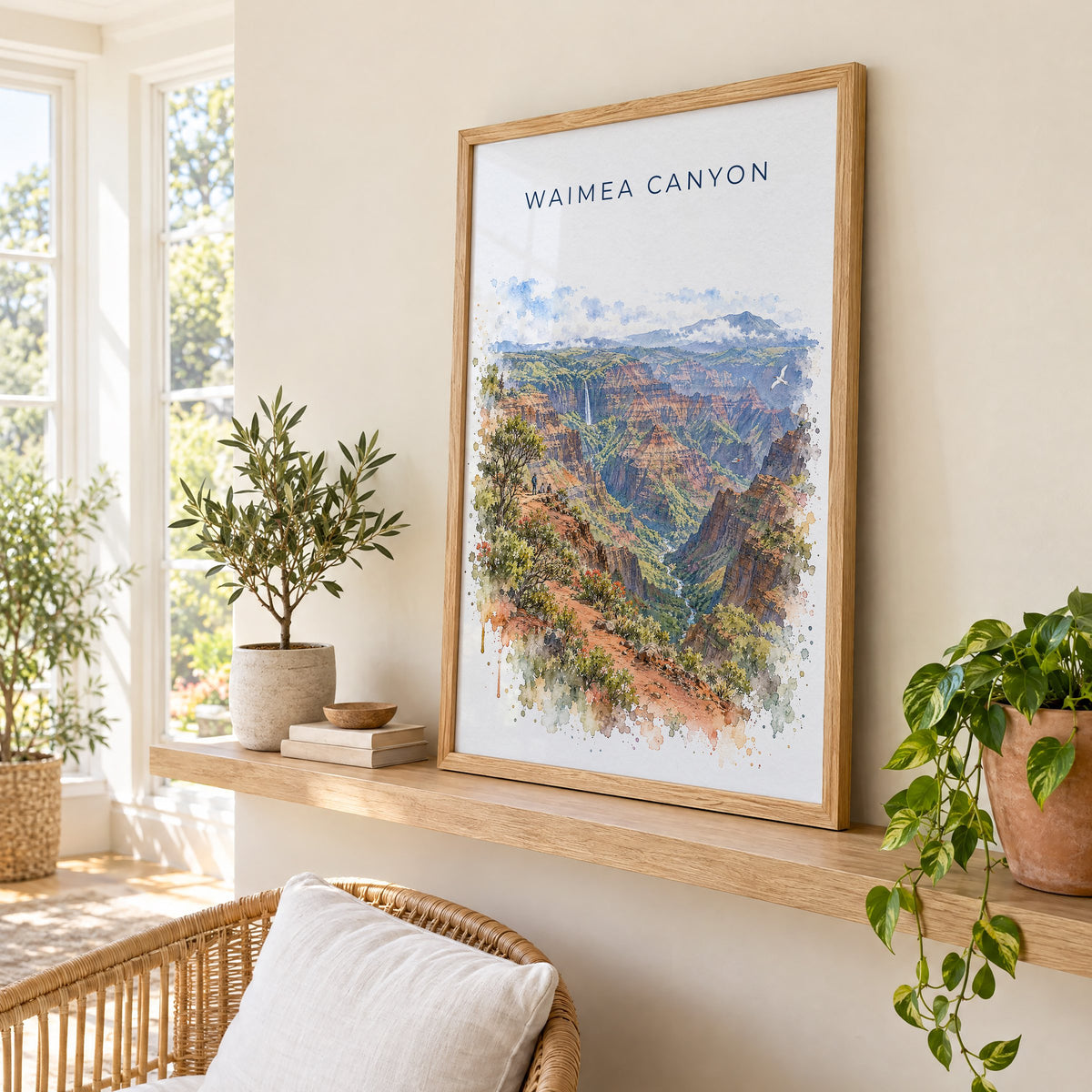 Waimea Canyon watercolor print in an oak frame on a picture ledge in a sunlit sunroom