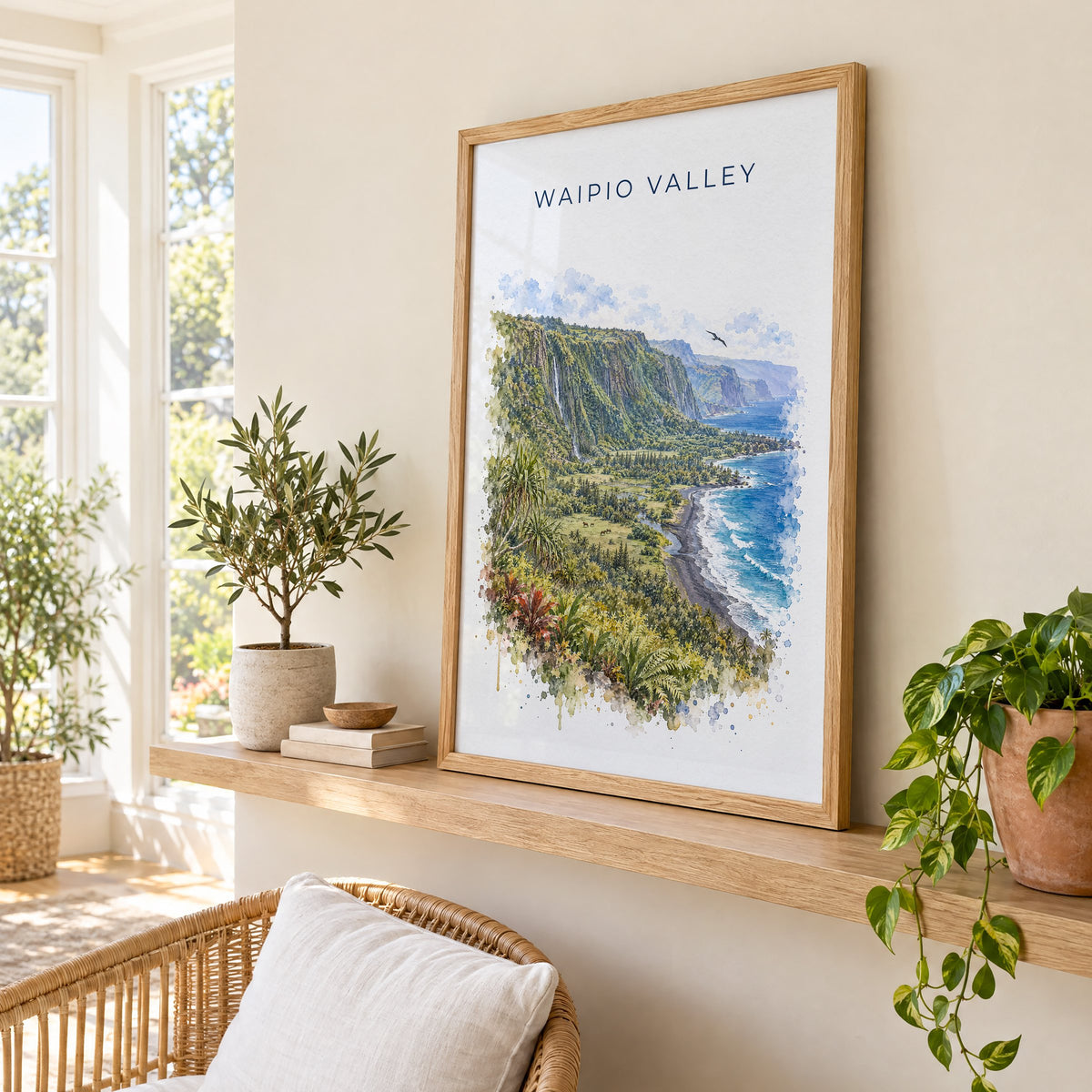Waipio Valley watercolor print in an oak frame on a picture ledge in a sunlit sunroom