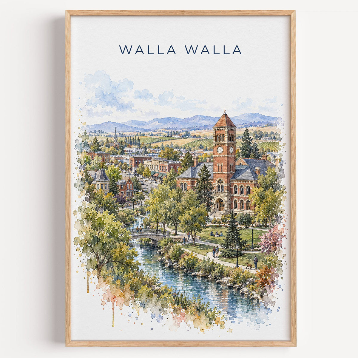 Walla Walla watercolor print in a light oak frame on a plain white wall