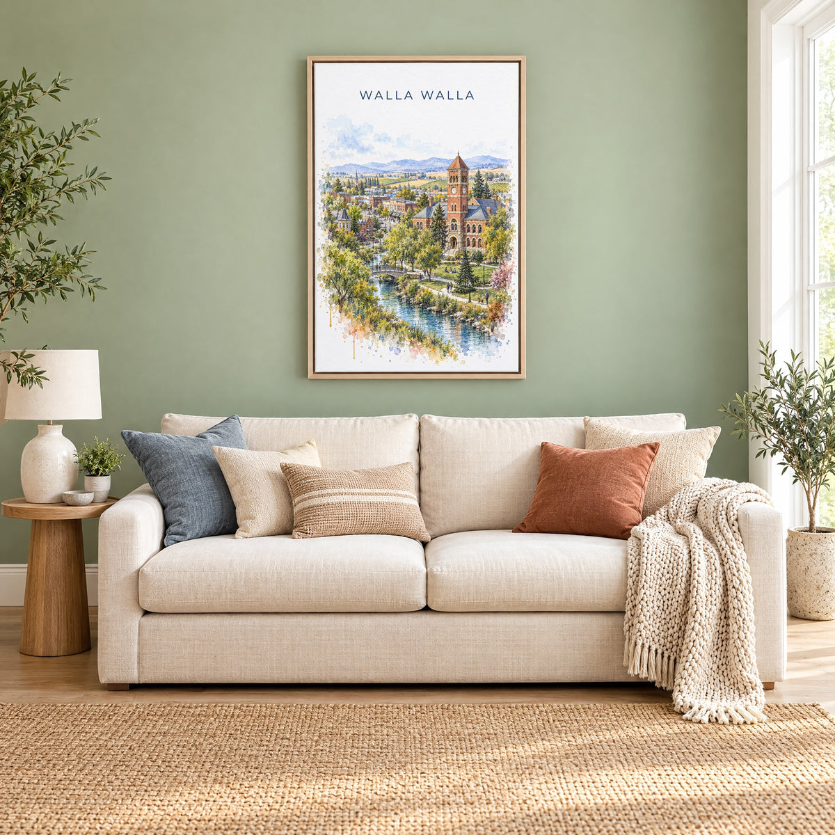 Walla Walla watercolor print as a natural floater canvas above a cream linen sofa on a sage green wall