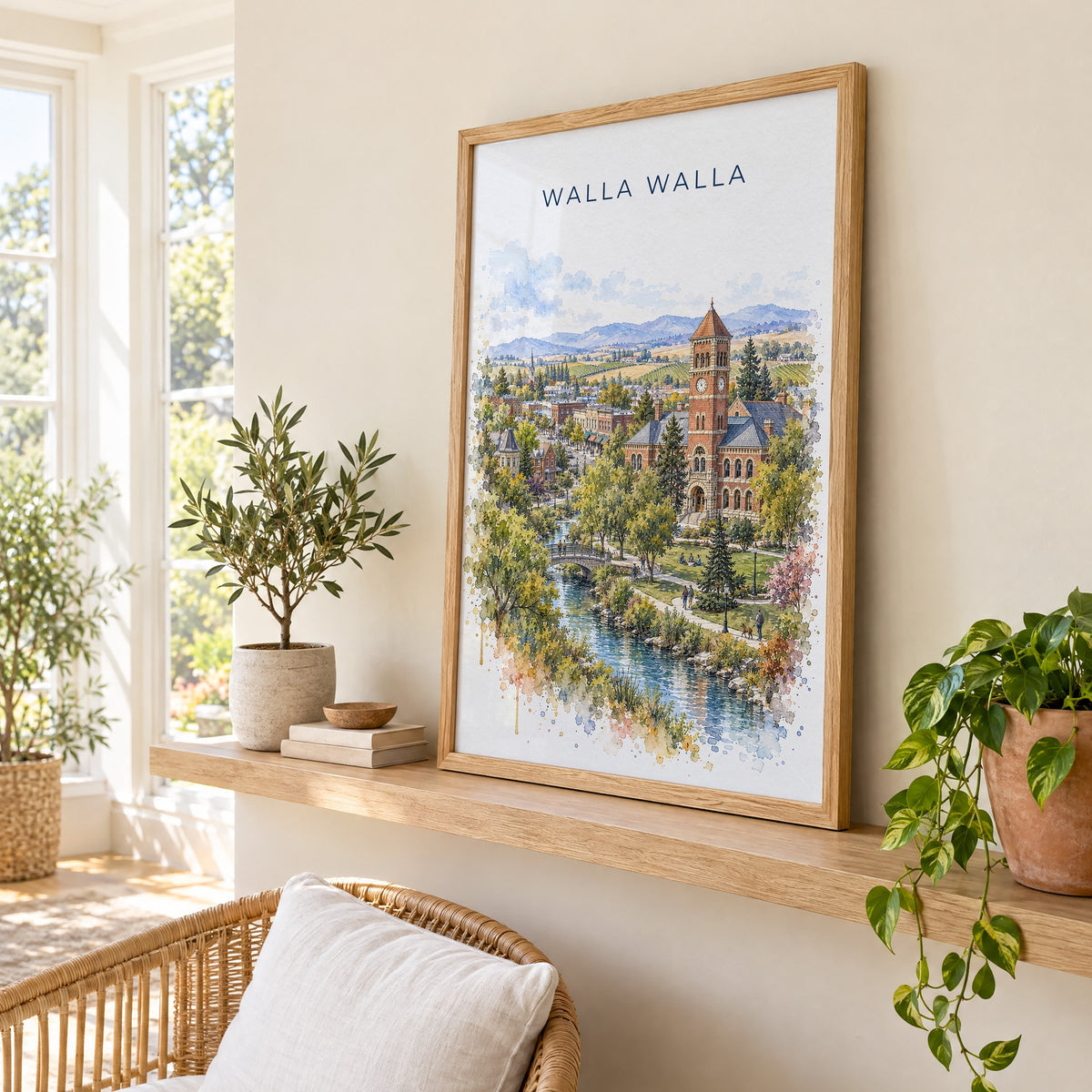 Walla Walla watercolor print in an oak frame on a picture ledge in a sunlit sunroom