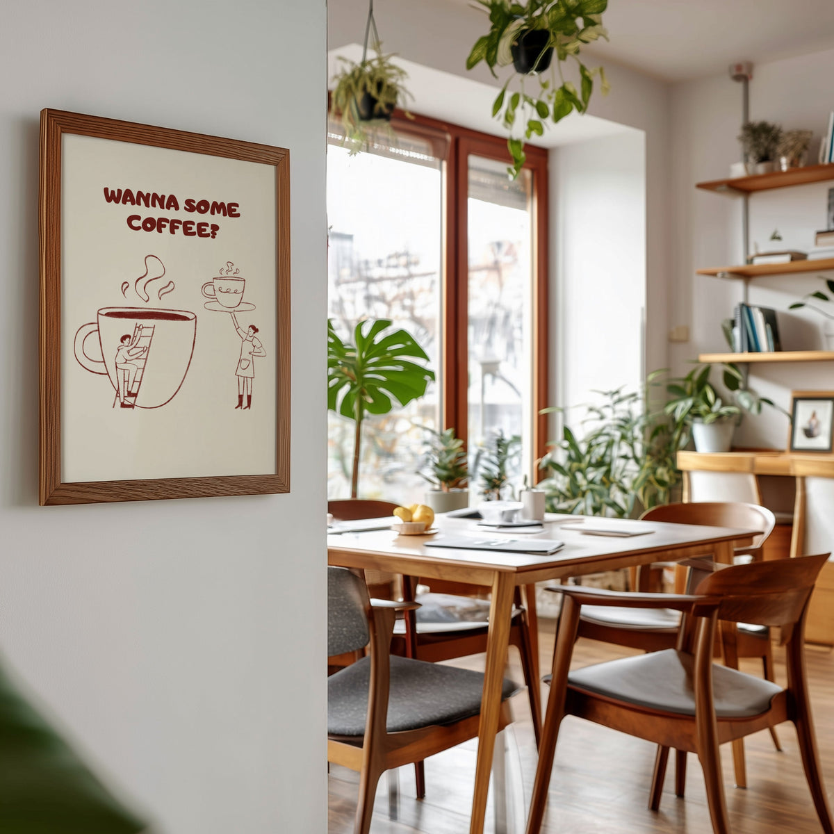 Wanna Some Coffee print in a walnut frame beside a mid-century dining table
