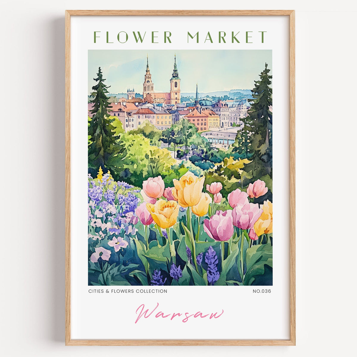 Warsaw flower market print in a light oak frame on a plain white wall