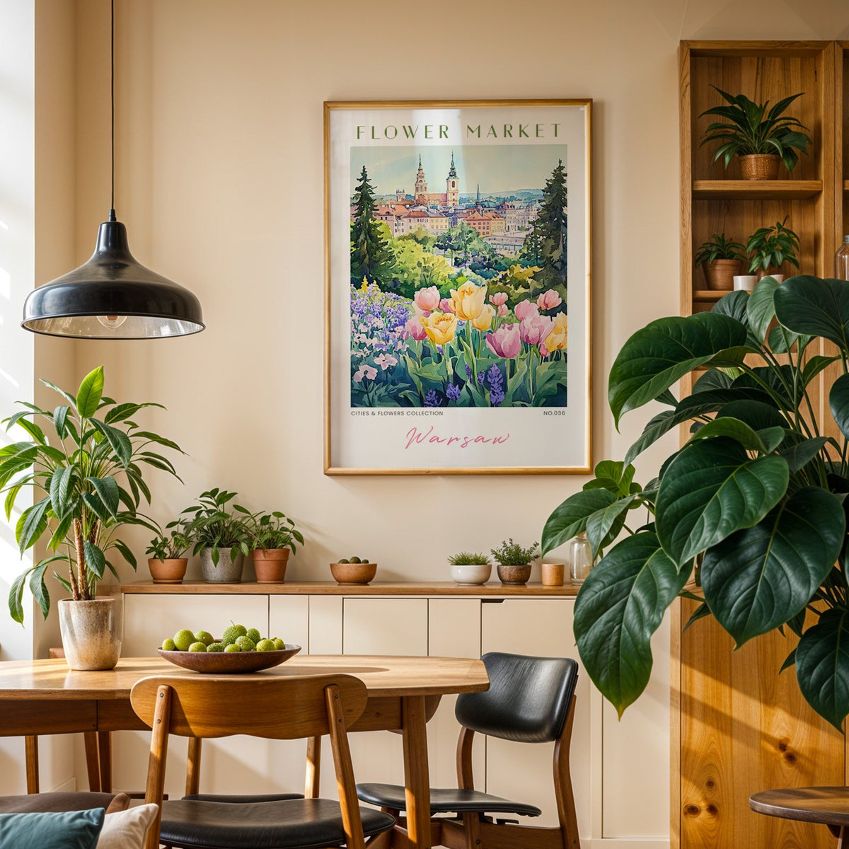 Warsaw flower market print in an oak frame above a dining sideboard lined with potted plants