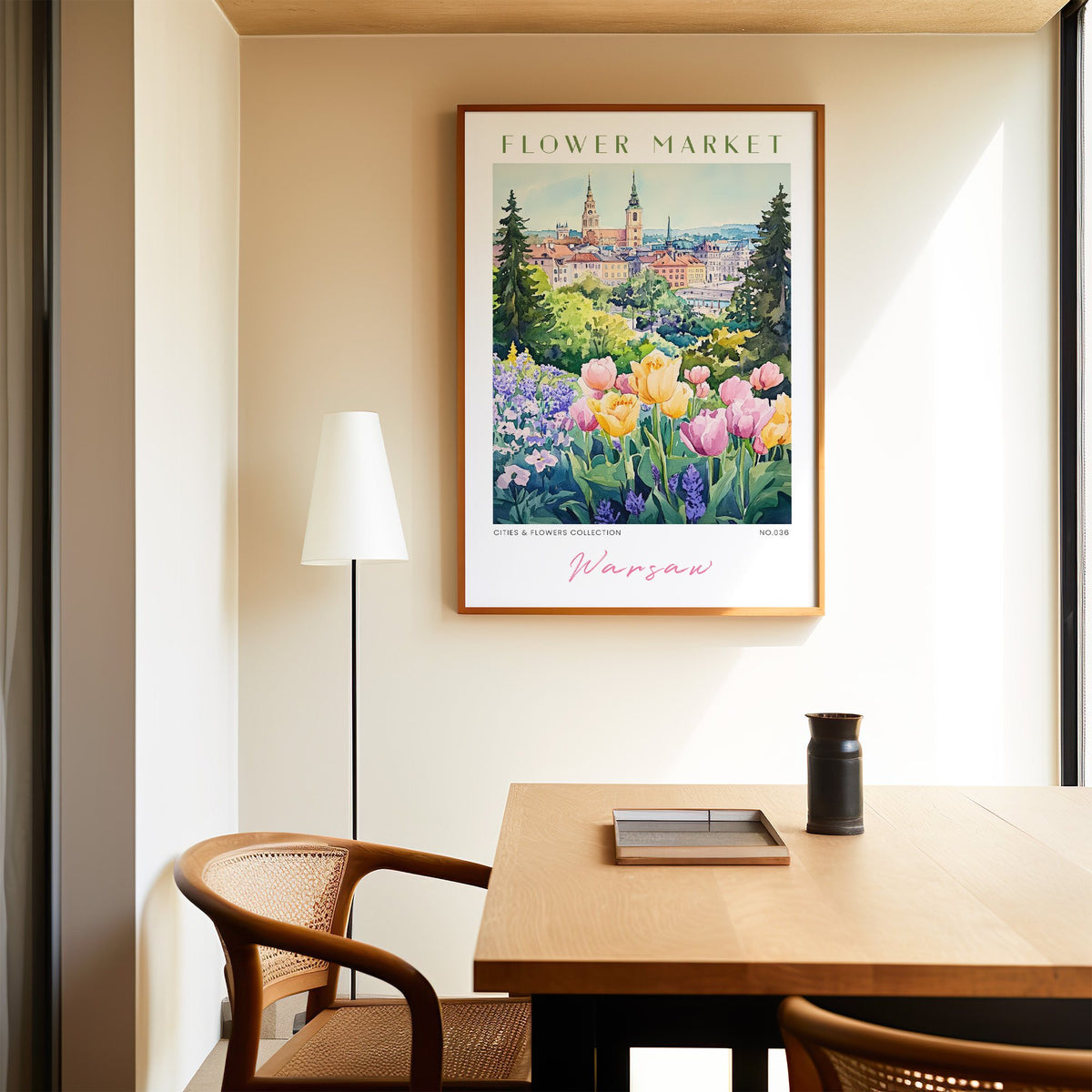 Warsaw flower market print in an oak frame above a dining table and cane chair