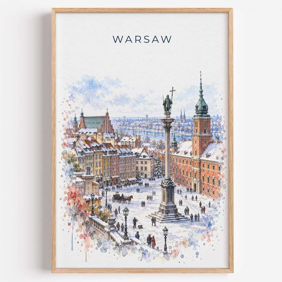 Warsaw watercolor print in a light oak frame on a plain white wall
