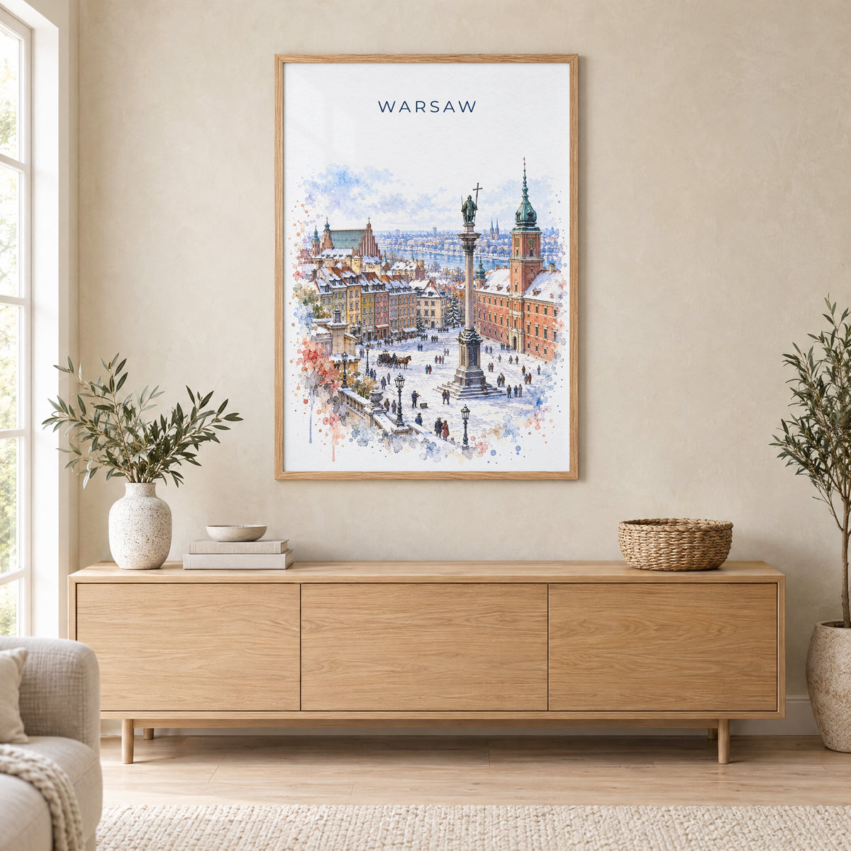 Warsaw watercolor print in an oak frame above a light wood sideboard in a Scandinavian living room