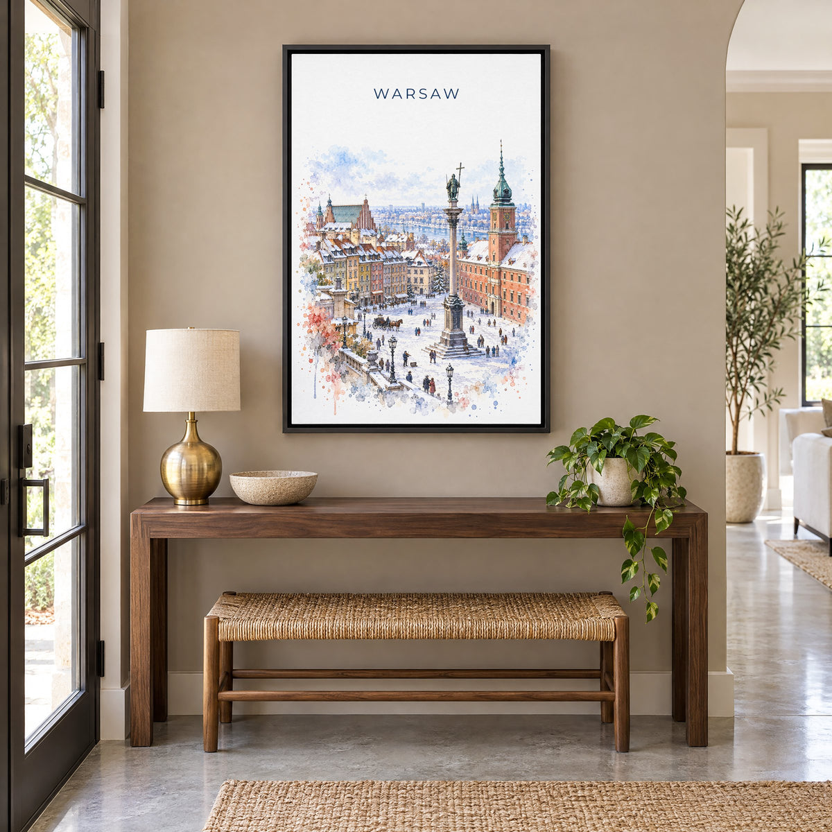 Warsaw watercolor print as a black floater canvas above a walnut console and woven bench in an entryway