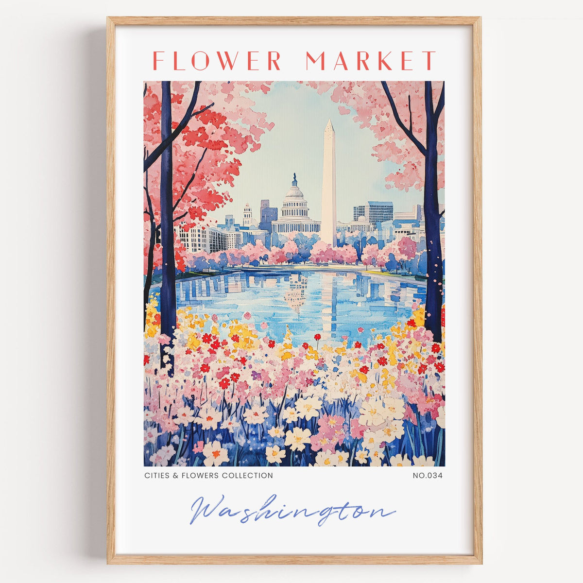 Washington DC flower market print in a light oak frame on a plain white wall