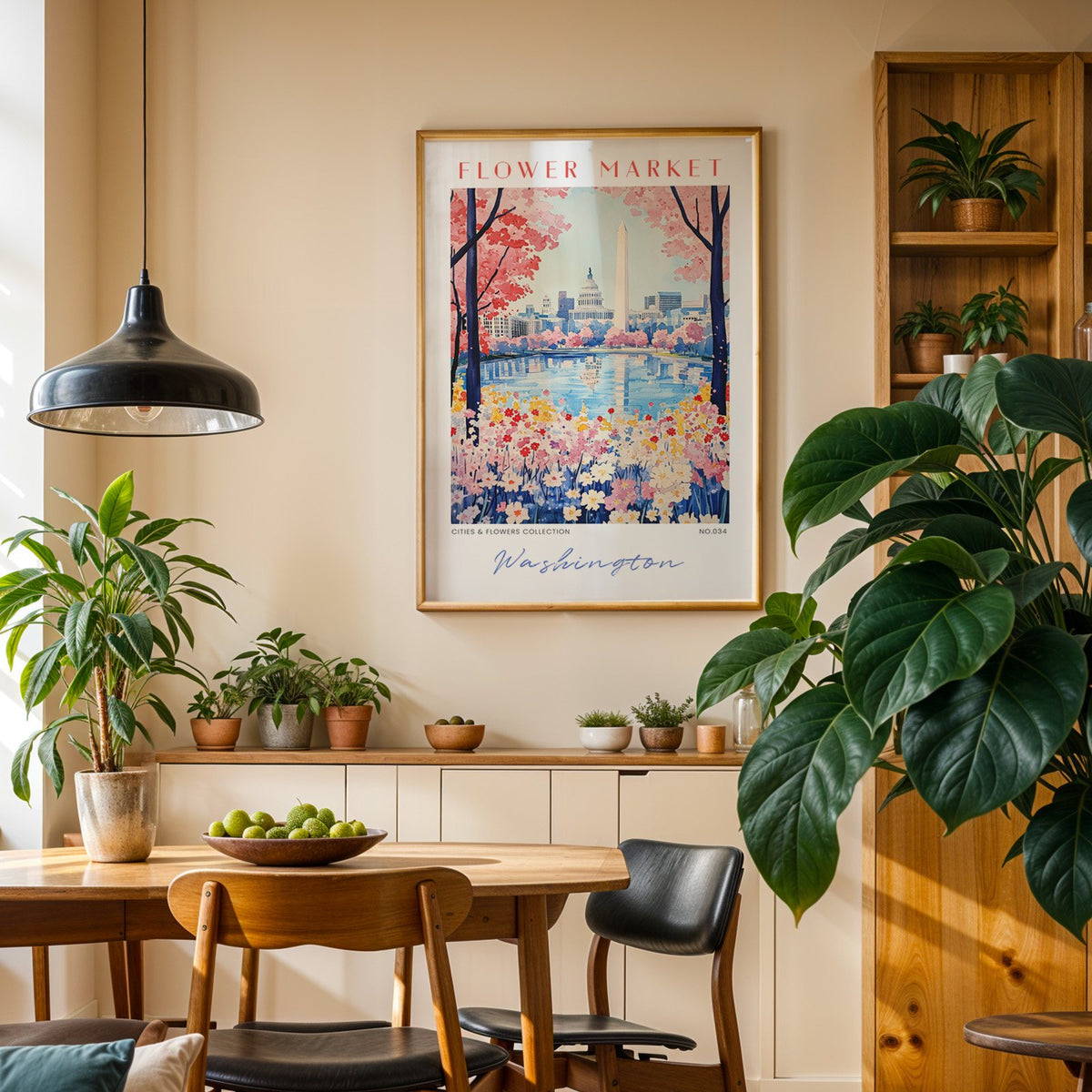 Washington DC flower market print in an oak frame above a dining sideboard lined with potted plants