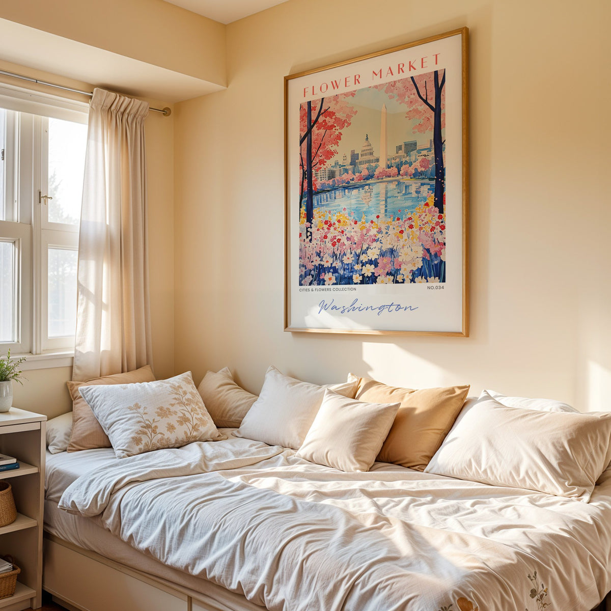 Washington DC flower market print in an oak frame above a cream daybed in a sunny bedroom