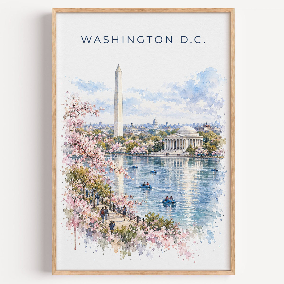 Washington, D.C. watercolor print in a light oak frame on a plain white wall